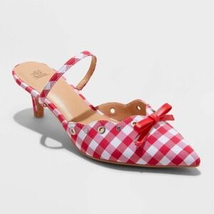 Wild Fable Red White Gingham Pointed Toe Kitten Heel Mules Bow Grommet Size 6